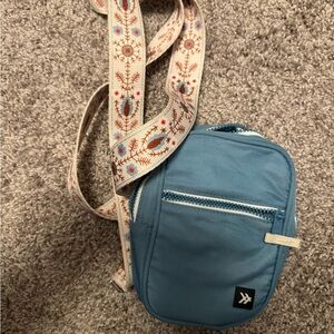 Blue Crossbody Bag with Embroidered Strap